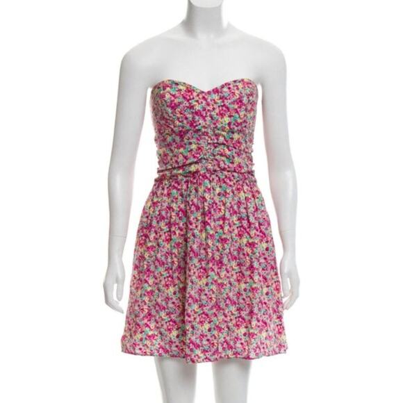 Parker NY Strapless Floral Print Silk Smocked Quilted Corset Mini Sundress - Picture 1 of 8